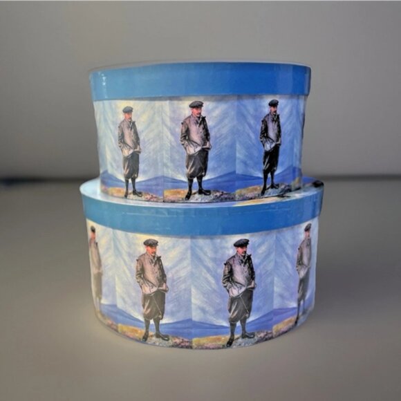 (2) Vintage Keepsake / Hat Box Blue W/Art of Scottish Golfer Robert Maxwell - Picture 1 of 7